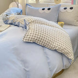 Boxtoday Ins Solid Color Duvet Cover Set No Filler Cute Big Eyes Flat Sheet Pillowcases Blue Polyester Single Doube Queen Size Bed Linens