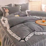 Boxtoday Checkered Bedding Set Bed Skirt Ruffle Lace Princess Style Girls Duvet Cover Simple Solid Color Home Textiles Decor Bedroom
