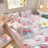 Boxtoday Ins Pink Strawberry Bedding Set Cartoon Bear Duvet Cover Sheet Twin Full Size Boys Girls Bed Linen Soft Polyester Home Textiles