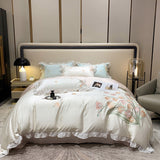 Boxtoday -Smooth Soft Ice Silk Lace Ruffles Princess Bedding Set Flower Embroidery Quilt Cover Set Bed Linen Pillow Shams Girl  Bedclothes