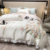 Boxtoday -Smooth Soft Ice Silk Lace Ruffles Princess Bedding Set Flower Embroidery Quilt Cover Set Bed Linen Pillow Shams Girl  Bedclothes