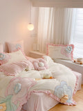 Boxtoday -Princess Style Winter Thickened Milk Fiber Four-Piece Girl's Heart Three-Dimensional Flower Quilt Cover Coral Fleece Bedding