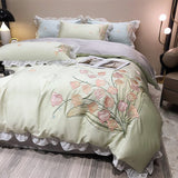 Boxtoday -Smooth Soft Ice Silk Lace Ruffles Princess Bedding Set Flower Embroidery Quilt Cover Set Bed Linen Pillow Shams Girl  Bedclothes