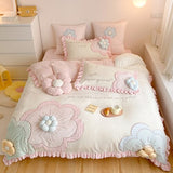 Boxtoday -Princess Style Winter Thickened Milk Fiber Four-Piece Girl's Heart Three-Dimensional Flower Quilt Cover Coral Fleece Bedding