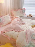 Boxtoday -Princess Style Winter Thickened Milk Fiber Four-Piece Girl's Heart Three-Dimensional Flower Quilt Cover Coral Fleece Bedding