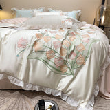 Boxtoday -Smooth Soft Ice Silk Lace Ruffles Princess Bedding Set Flower Embroidery Quilt Cover Set Bed Linen Pillow Shams Girl  Bedclothes