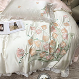 Boxtoday -Smooth Soft Ice Silk Lace Ruffles Princess Bedding Set Flower Embroidery Quilt Cover Set Bed Linen Pillow Shams Girl  Bedclothes