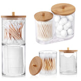 Boxtoday Qtips Holder Dispenser Bathroom Jars with Bamboo Lids, Cotton Ball Pad Round Swab Holder for Bathroom Accessories Storag