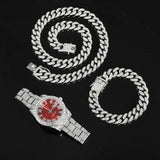 Boxtoday Hip Hop 13MM 3PCS KIT Watch+Necklace+Bracelet Bling Crystal AAA+ Iced Out Cuban Chain Rhinestones Chains For Women Men Jewelry