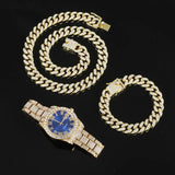 Boxtoday Hip Hop 13MM 3PCS KIT Watch+Necklace+Bracelet Bling Crystal AAA+ Iced Out Cuban Chain Rhinestones Chains For Women Men Jewelry