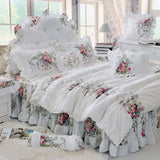 Boxtoday Pastoral Princess White Bedding Set Luxury Korean Style Flower Print Ruffles Duvet Cover Bed Skirt Bedspread Pillowcases Cotton