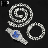 Boxtoday Hip Hop 13MM 3PCS KIT Watch+Necklace+Bracelet Bling Crystal AAA+ Iced Out Cuban Chain Rhinestones Chains For Women Men Jewelry