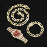 Boxtoday Hip Hop 13MM 3PCS KIT Watch+Necklace+Bracelet Bling Crystal AAA+ Iced Out Cuban Chain Rhinestones Chains For Women Men Jewelry