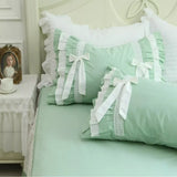 Boxtoday French Korean princess cotton solid color four piece set cake layer lace embroidery bed skirt bedding mint green duvet set