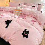 Boxtoday Korean Style Pink Bedding Set Black Cat Embroidery Washed Cotton  Duvet Cover Cute Cardboard  Bed linen Comforter Sets