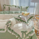 Boxtoday Spring Green Princess Bedding Set Double Layer Lace Bow Quilt Cover Sheet And Pillowcase Simple Pastoral Girl Home Textiles