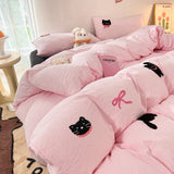 Boxtoday Korean Style Pink Bedding Set Black Cat Embroidery Washed Cotton  Duvet Cover Cute Cardboard  Bed linen Comforter Sets