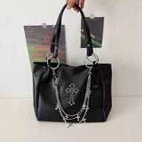 Boxtoday Gift   -  Large Capacity Women's Gothic Black Tote Bag Y2k Hot Girls Chain Shoulder Bags Fashion Pu Leather Female Travel Handbags Purse