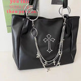 Boxtoday Gift   -  Large Capacity Women's Gothic Black Tote Bag Y2k Hot Girls Chain Shoulder Bags Fashion Pu Leather Female Travel Handbags Purse