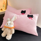 Boxtoday Korean Style Pink Bedding Set Black Cat Embroidery Washed Cotton  Duvet Cover Cute Cardboard  Bed linen Comforter Sets