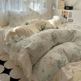 Boxtoday Korean INS Tulip Princess Floral Bedding Set Pastoral Flowers Lace Ruffles Duvet Cover and Skin Friendly Flat Sheet Pillowcase