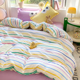 Boxtoday 4pcs Simple Color Stripes Duvet Cover Set Cute Green Pink Bedding Big Eye Pattern Pillowcases Comforter Cover with 1 Bed Sheet