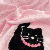 Boxtoday Korean Style Pink Bedding Set Black Cat Embroidery Washed Cotton  Duvet Cover Cute Cardboard  Bed linen Comforter Sets