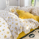 Boxtoday French Golden Sunflower Floral Lace Seersucker Bedding Set Washed Cotton Four-piece Set Student Bed Sheet Three-piece Set