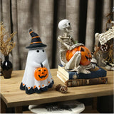 Boxtoday Resin Ghost Ornament Halloween Pumpkins Scary Haunted House Props Ghost Holding Pumpkin Witch Figurines for Bar Game Party Deocr