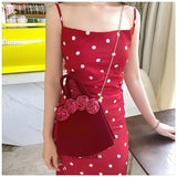 Boxtoday Gift Retro Red Velvet Handbag Temperament Rose Flower Design Chain Crossbody Bag Bridal Wedding Bag Light Luxury High-end Commute Bag