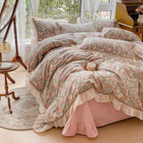 Boxtoday Small Floral Lace Ruffles Bedding Set for Girls, 100% Cotton, Simple Fresh, Queen Size Duvet Cover, Bed Sheet, Pillowcases, 4Pcs