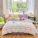 Boxtoday 4pcs Simple Color Stripes Duvet Cover Set Cute Green Pink Bedding Big Eye Pattern Pillowcases Comforter Cover with 1 Bed Sheet