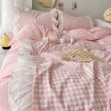 Boxtoday Korean Princess Style Lattice Double Layer Lace Bedding Set Soft Quilt Cover Plaid Style Duvet Covers Set Bed Sheet Pillowcases