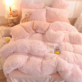 Boxtoday Luxury Winter Warm Long Plush Pink Bedding Set Queen Mink Velvet Double Duvet Cover Set with Fitted Sheet Warmth Quilt Covers