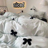 Boxtoday Bedding Set 2024 New Ins Style  Minimalist Blue Washing Cotton black bow towel Embroidered Four PIECE Set, 1.5 Bed Sheets