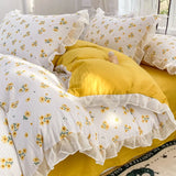 Boxtoday French Golden Sunflower Floral Lace Seersucker Bedding Set Washed Cotton Four-piece Set Student Bed Sheet Three-piece Set