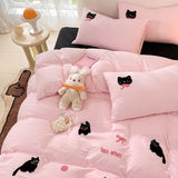 Boxtoday Korean Style Pink Bedding Set Black Cat Embroidery Washed Cotton  Duvet Cover Cute Cardboard  Bed linen Comforter Sets