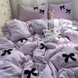 Boxtoday 2024 New Ins Style Purple Bedding Set Washed Cotton Black Bow Towel Embroidered Duvet Cover Girls Gift Bedclothes for 2.0m Bed