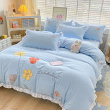 Boxtoday Ins Korean Style Bedding Set with Ruffles Princess Duvet Cover No Filling Flat Sheet Pillowcases Kit Girls Blue Pink Solid Color