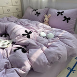 Boxtoday 2024 New Ins Style Purple Bedding Set Washed Cotton Black Bow Towel Embroidered Duvet Cover Girls Gift Bedclothes for 2.0m Bed