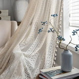 Boxtoday Boho Tassel Crochet Curtains for Living Room,Vintage Rod Pocket Curtains Geometry Striped Knitted Lace Light Filtering Curtains