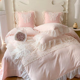 Boxtoday Korean Princess Bedding Set Coquette Lace Bow  Beauty Solid Color Lace Ruffle Comforter Sets Luxury Girls Wedding  Duvet Cover