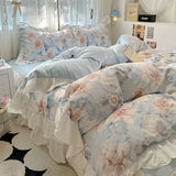 Boxtoday Korean INS Tulip Princess Floral Bedding Set Pastoral Flowers Lace Ruffles Duvet Cover and Skin Friendly Flat Sheet Pillowcase