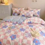 Boxtoday Pink Blue Duvet Cover Set with Flat Sheet Pillowcases No Filler Checkerboard Flower Ins Single Full Queen Size Girls Bedding Kit