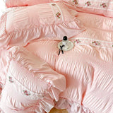 Boxtoday French Embroidered Lace Bubble Gauze Bedding Set Pink Elegant Princess Style Queen Duvet Cover Set Ruffled Comforter Cover Sets