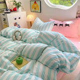 Boxtoday Korean Bedding Set INS Girls Striped  Soft Washed Cotton Bed Sheet Set Queen King Size Comforter Set Pillowcase Bed Linens