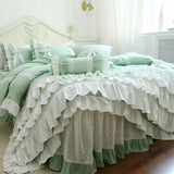 Boxtoday French Korean princess cotton solid color four piece set cake layer lace embroidery bed skirt bedding mint green duvet set