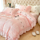 Boxtoday French Embroidered Lace Bubble Gauze Bedding Set Pink Elegant Princess Style Queen Duvet Cover Set Ruffled Comforter Cover Sets