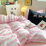 Boxtoday Korean Bedding Set INS Girls Striped  Soft Washed Cotton Bed Sheet Set Queen King Size Comforter Set Pillowcase Bed Linens