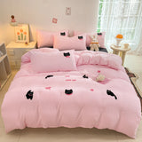 Boxtoday Korean Style Pink Bedding Set Black Cat Embroidery Washed Cotton  Duvet Cover Cute Cardboard  Bed linen Comforter Sets